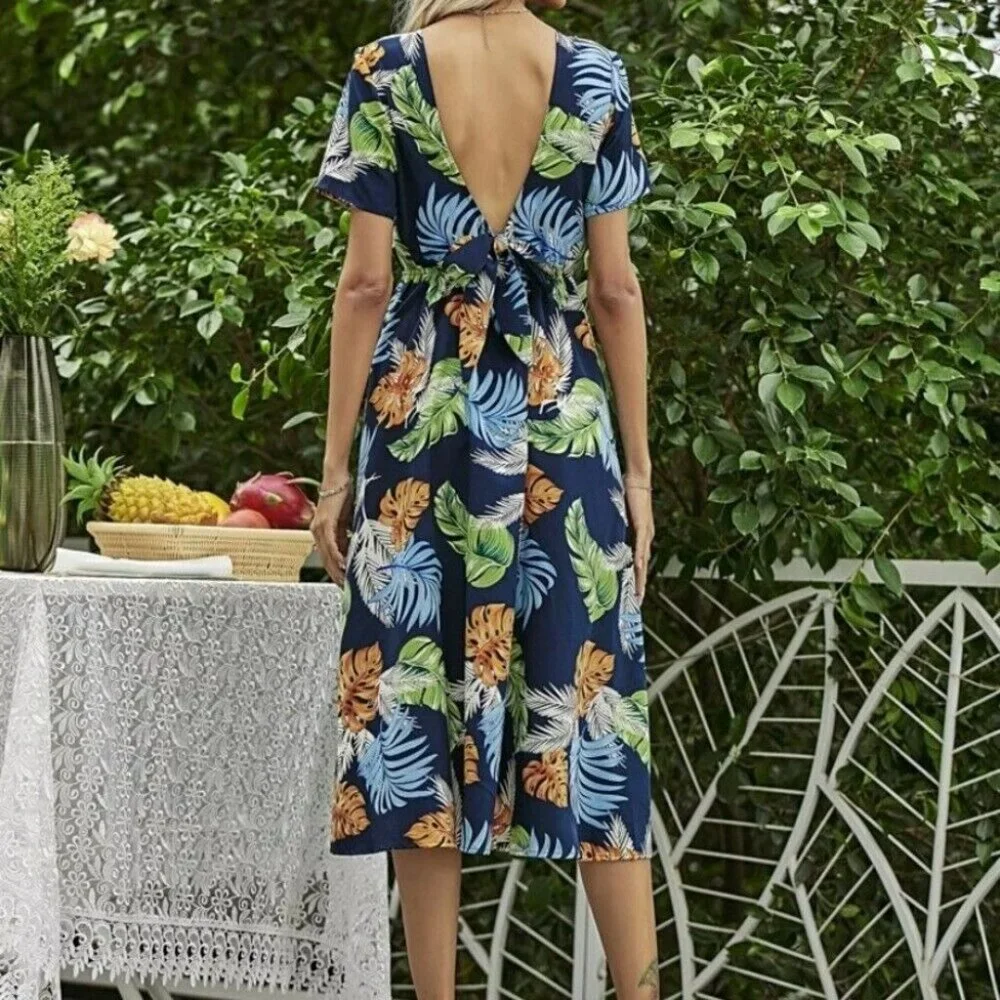 Women’s Midi Back Tie Short Sleeve Dress Size Large NWOT Tropical Boho
